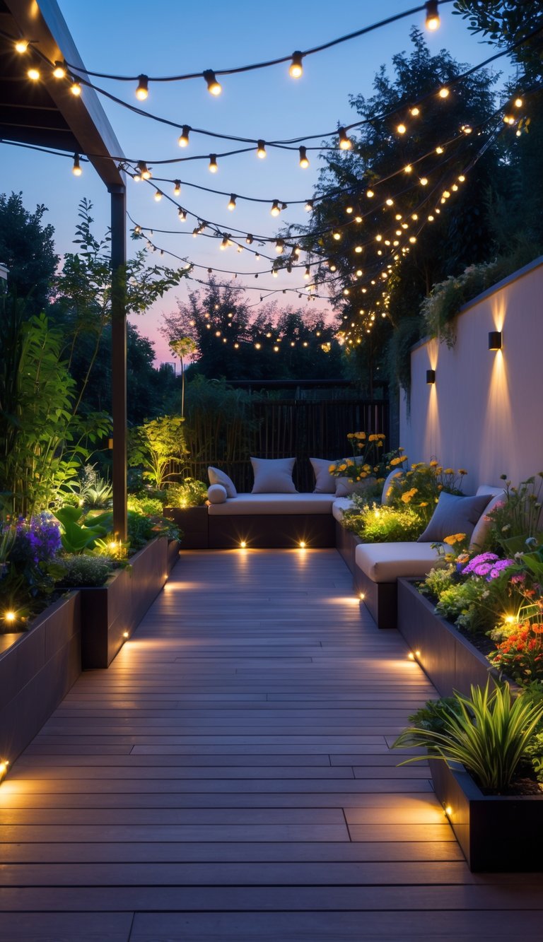 Terrace garden at dusk illuminated by various LED lights highlighting plants, flowers, and outdoor seating.